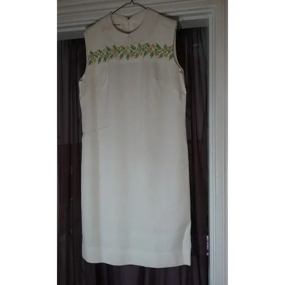 Country Miss Dresses | 1950's Retro Country Miss Linen White Dress Sleeveless Floral Embroidery Size 16 | Color: White | Size: L | Thesecretattic's